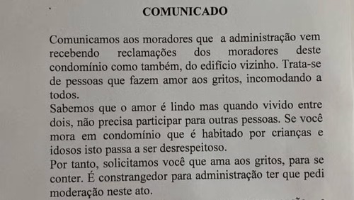 Moradores recebem advertência por causa de amorzinho barulhento