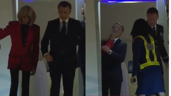 Primeira-dama da França é flagrada empurrando rosto de Emmanuel Macron