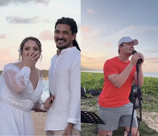 Matheus, da dupla com Kauan, surpreende noivos e canta durante casamento na praia