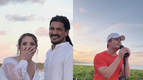 Matheus, da dupla com Kauan, surpreende noivos e canta durante casamento na praia