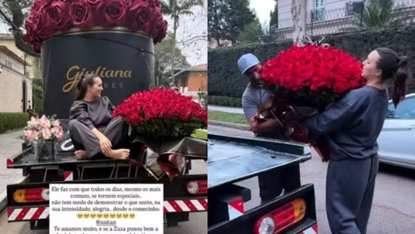 Nattan envia caminhão de flores para Rafa Kalimann, que se emociona: 'Intensidade'