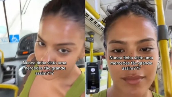 Atriz Bella Campos anda de ônibus no RJ e brinca: 'Nunca vi Mercedes tão grande'