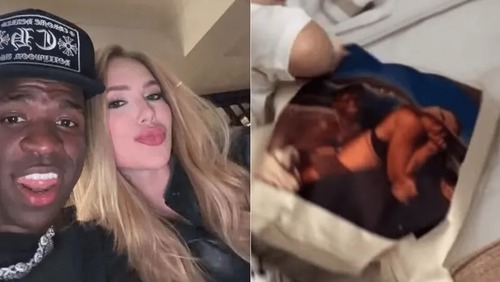 Virginia Fonseca usa almofada estampada com foto de Vini Jr.