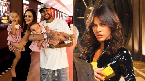 Neymar posa com a família em frente a pôster com ex Bruna Marquezine