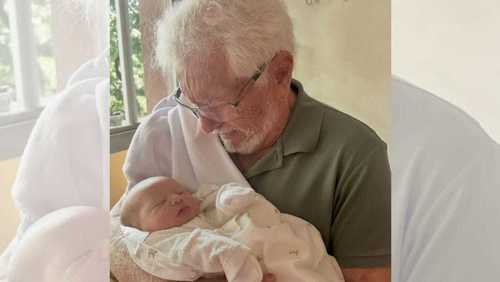 Carlos Alberto de Nóbrega se emociona em primeiro encontro com bisneto