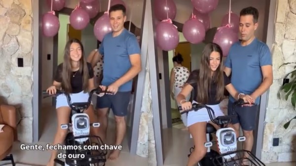 Neta de Leonardo ganha bicicleta elétrica de R$ 7 mil do pai: 'Especial'