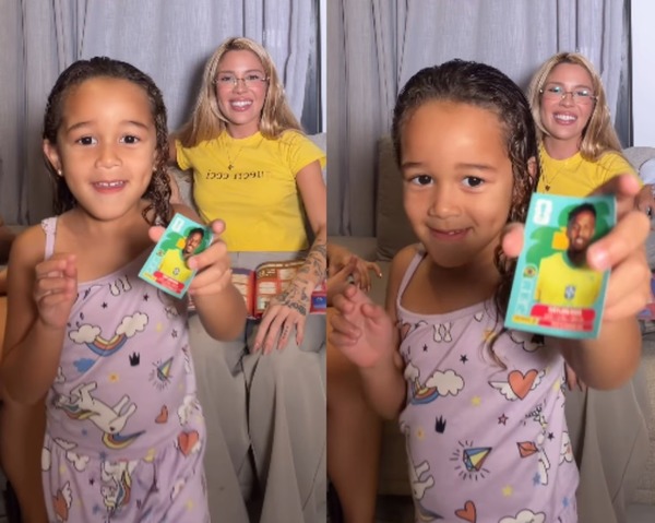 Filha de Karoline Lima e Éder Militão encanta ao encontrar figurinha do pai no álbum da Copa 