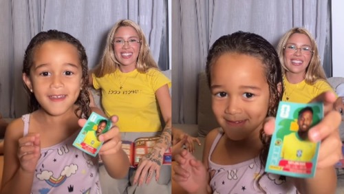 Filha de Karoline Lima e Éder Militão encanta ao encontrar figurinha do pai no álbum da Copa 