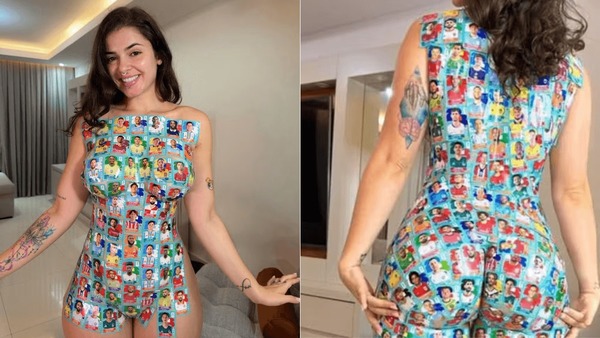 Miss Bumbum cobre corpo de figurinhas da Copa e usa Vini Jr. como tapa-sexo