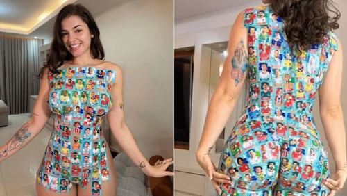 Miss Bumbum cobre corpo de figurinhas da Copa e usa Vini Jr. como tapa-sexo