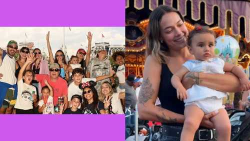 Atual e ex de Neymar curtem parque da Disney com os filhos