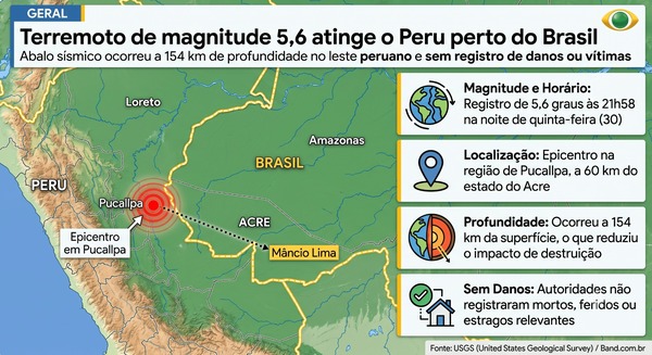 Terremoto de 5,6 é registrado no Peru, próximo à fronteira com o Brasil